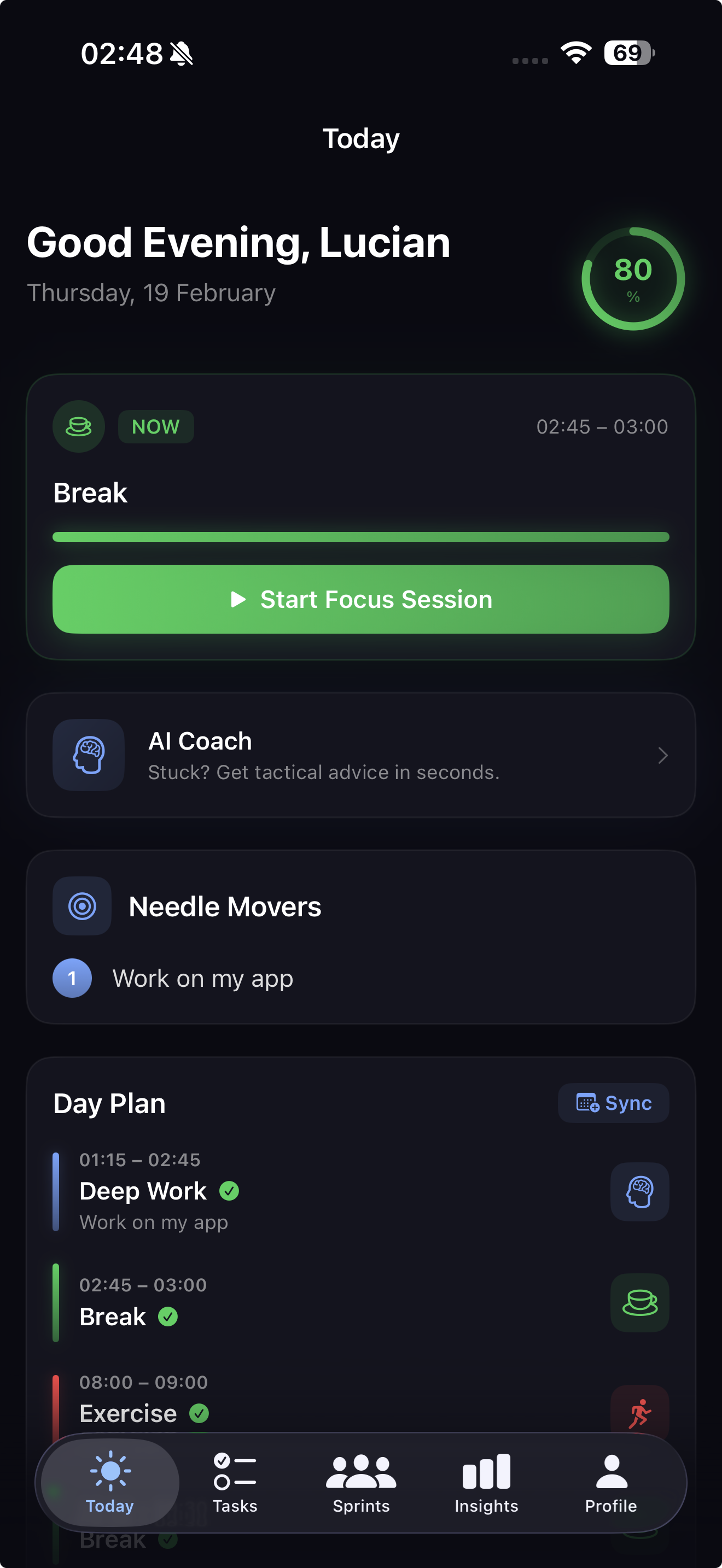 Execution Coach - Today view showing AI-generated day plan with time blocks
